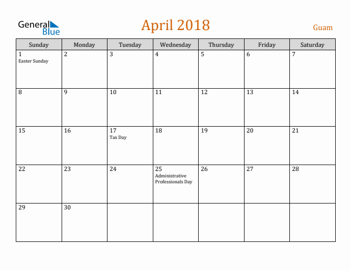 April 2018 Holiday Calendar with Sunday Start