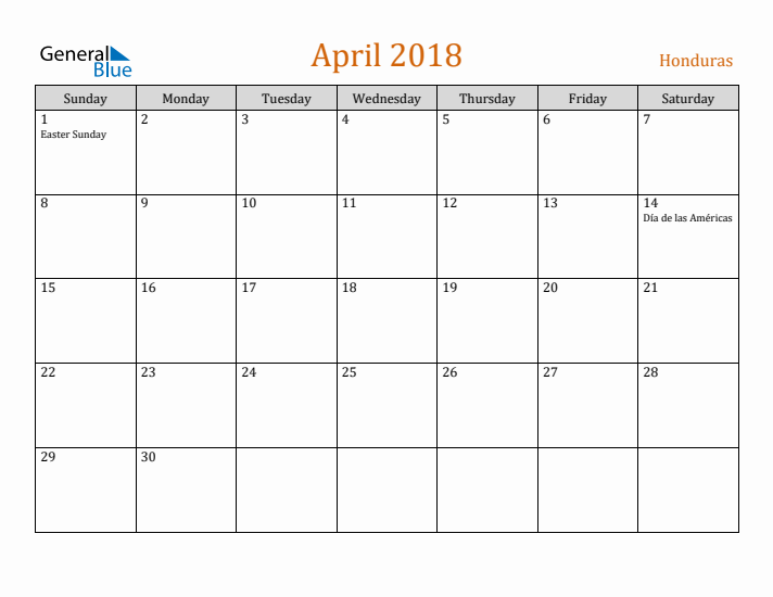 April 2018 Holiday Calendar with Sunday Start