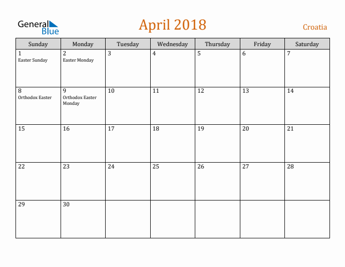 April 2018 Holiday Calendar with Sunday Start