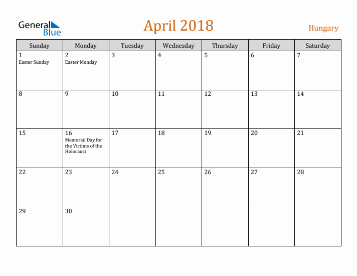 April 2018 Holiday Calendar with Sunday Start