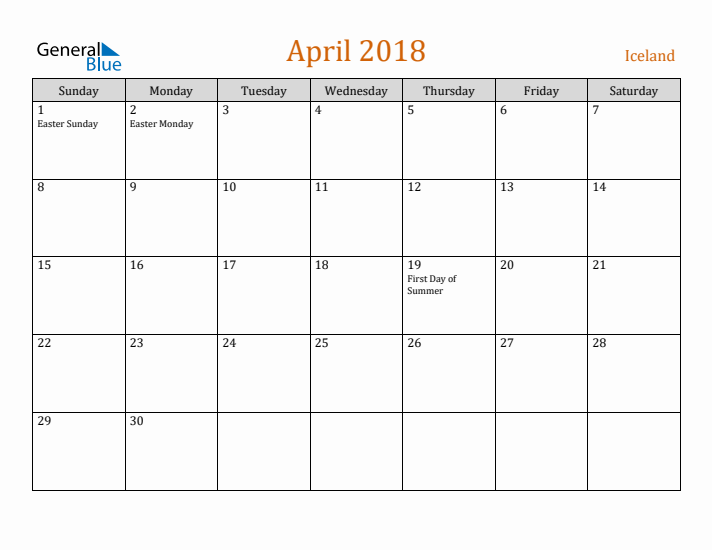 April 2018 Holiday Calendar with Sunday Start