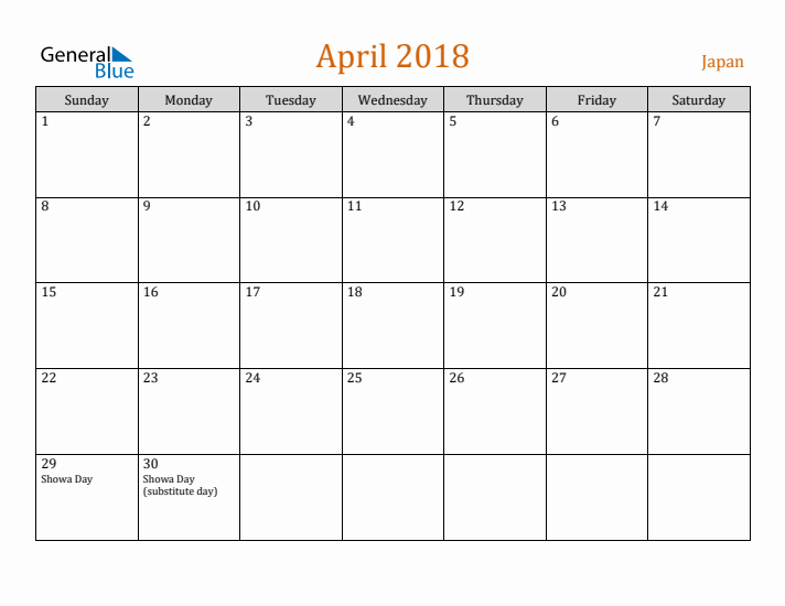 April 2018 Holiday Calendar with Sunday Start