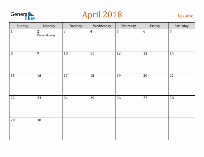 April 2018 Holiday Calendar with Sunday Start