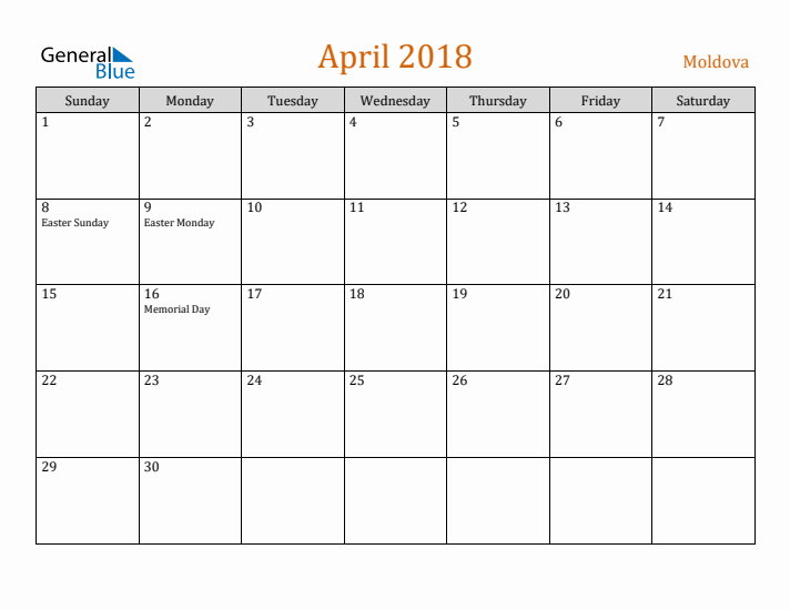 April 2018 Holiday Calendar with Sunday Start