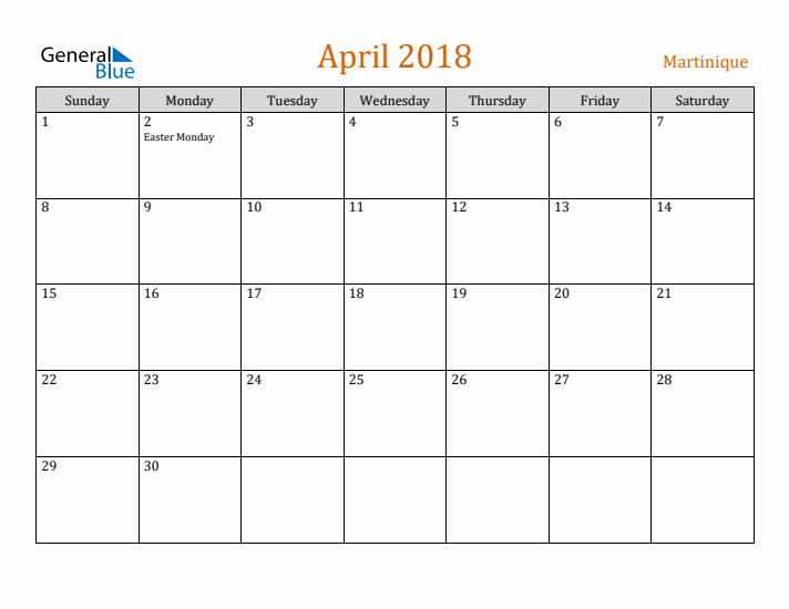 April 2018 Holiday Calendar with Sunday Start