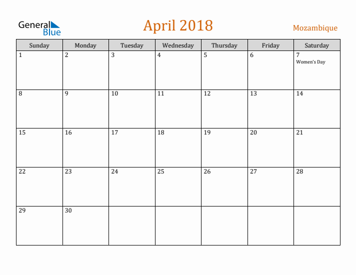 April 2018 Holiday Calendar with Sunday Start