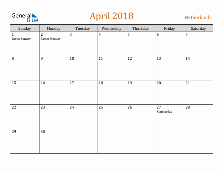 April 2018 Holiday Calendar with Sunday Start