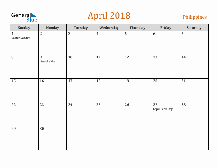 April 2018 Holiday Calendar with Sunday Start