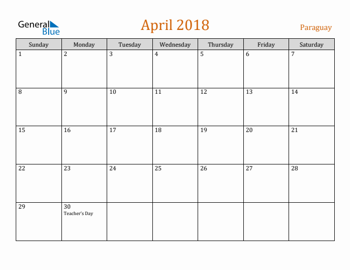 April 2018 Holiday Calendar with Sunday Start