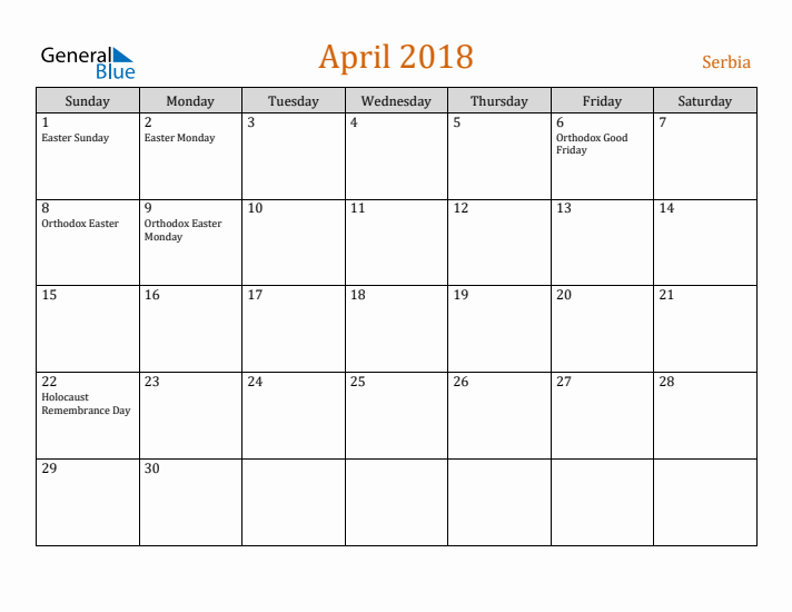 April 2018 Holiday Calendar with Sunday Start