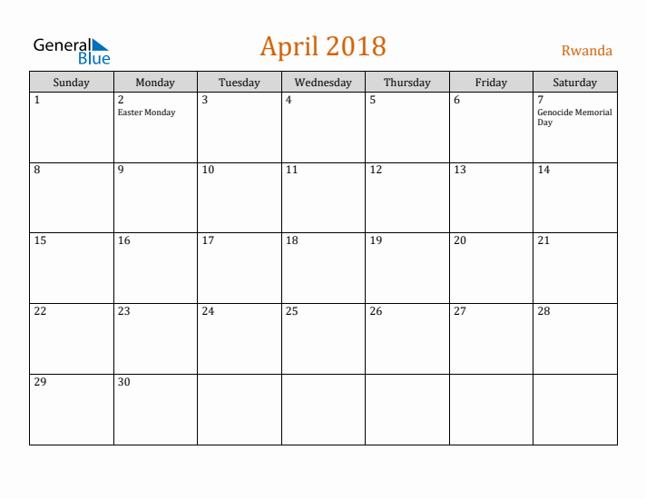 April 2018 Holiday Calendar with Sunday Start