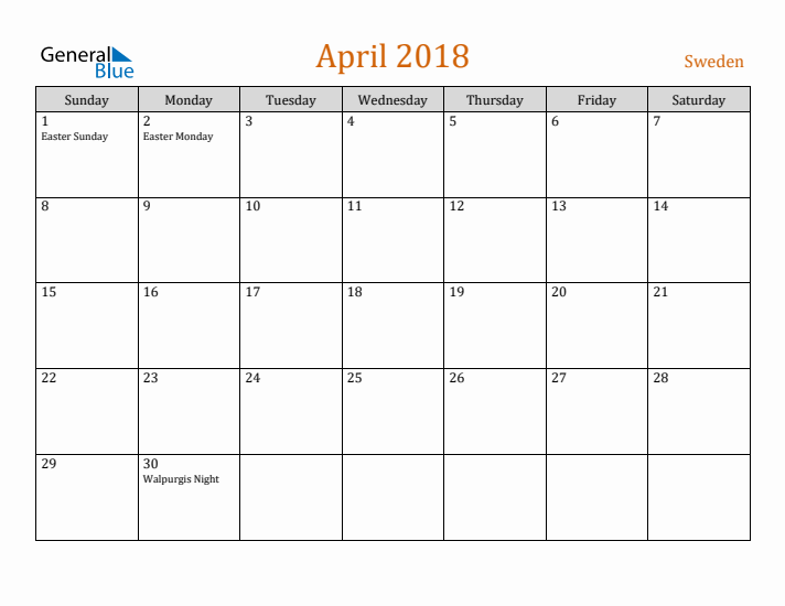 April 2018 Holiday Calendar with Sunday Start