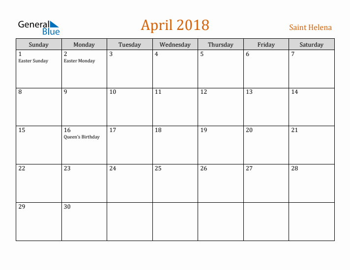 April 2018 Holiday Calendar with Sunday Start