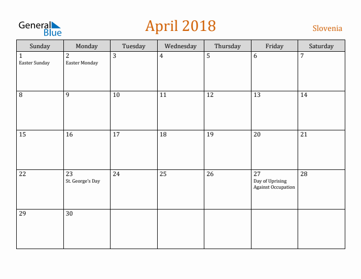 April 2018 Holiday Calendar with Sunday Start