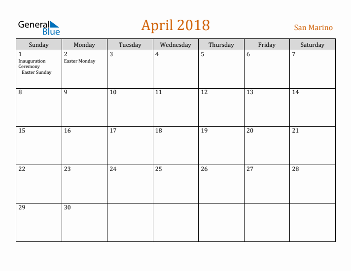 April 2018 Holiday Calendar with Sunday Start