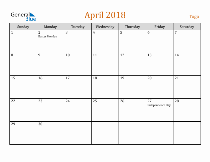 April 2018 Holiday Calendar with Sunday Start