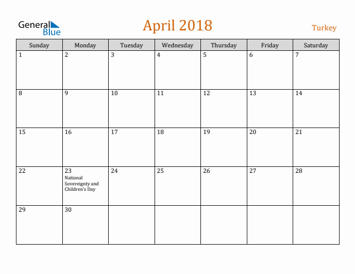 April 2018 Holiday Calendar with Sunday Start