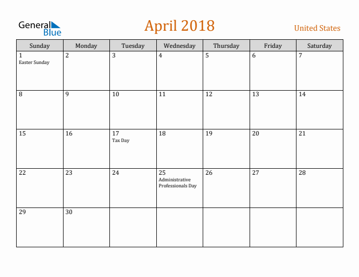 April 2018 Holiday Calendar with Sunday Start