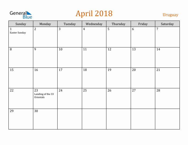 April 2018 Holiday Calendar with Sunday Start