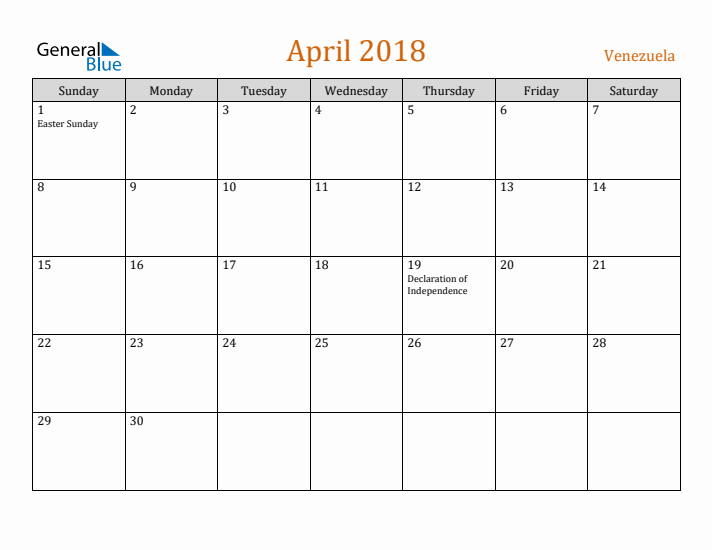 April 2018 Holiday Calendar with Sunday Start