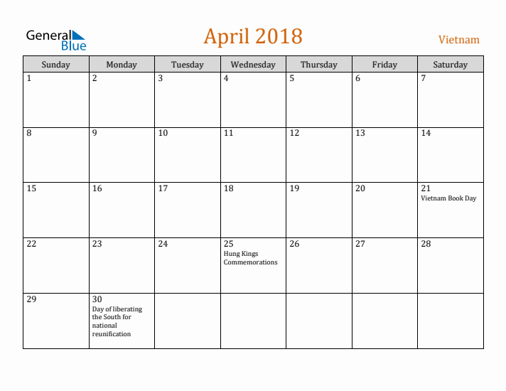 April 2018 Holiday Calendar with Sunday Start