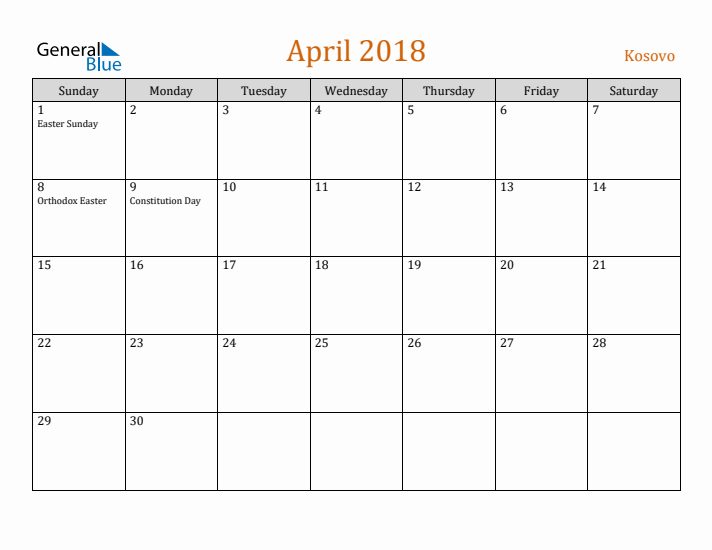 April 2018 Holiday Calendar with Sunday Start