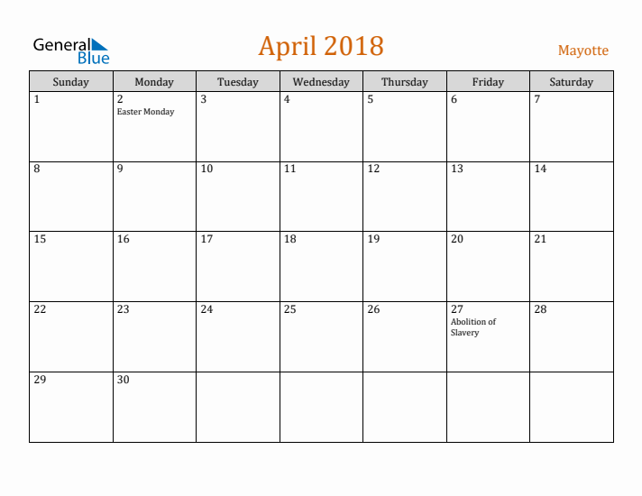 April 2018 Holiday Calendar with Sunday Start