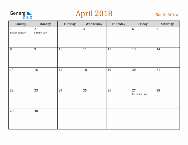 April 2018 Holiday Calendar with Sunday Start