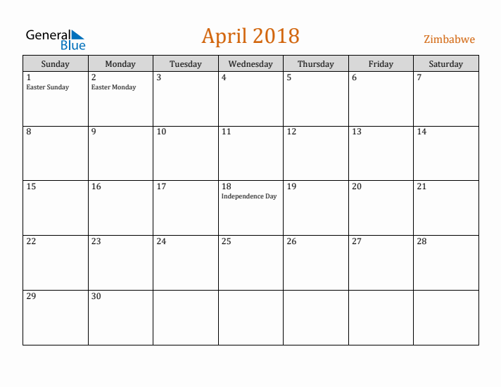 April 2018 Holiday Calendar with Sunday Start