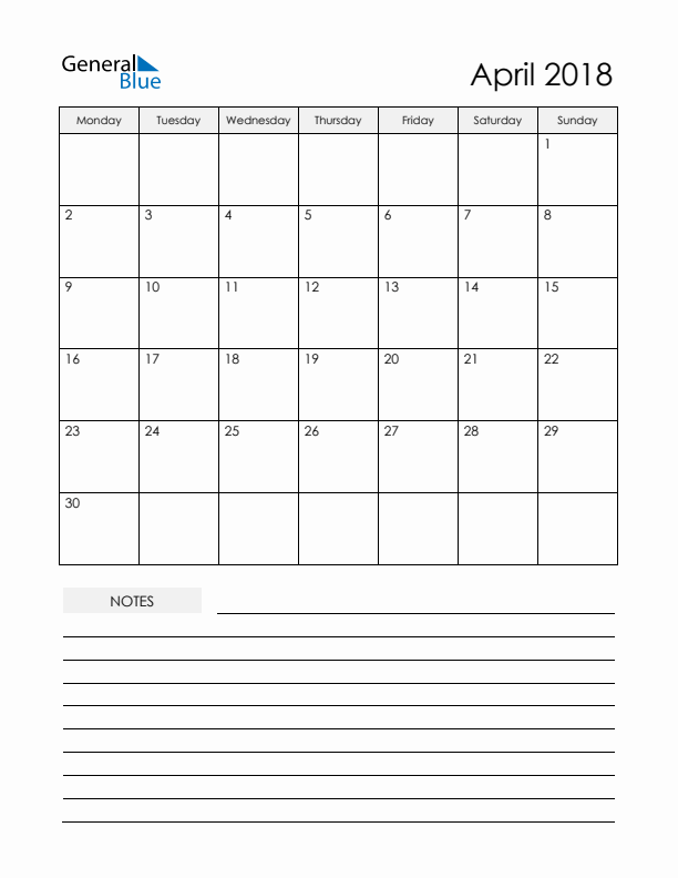 Printable Calendar with Notes - April 2018 