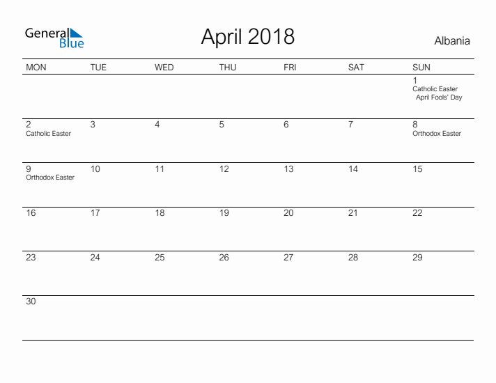 Printable April 2018 Calendar for Albania