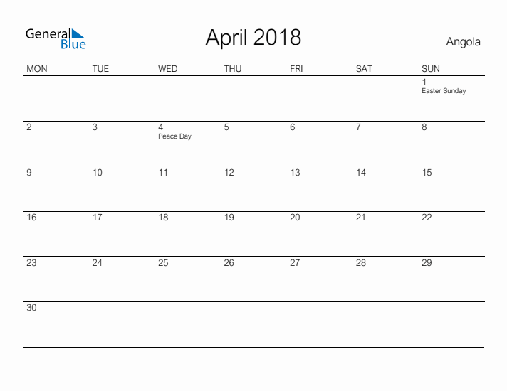 Printable April 2018 Calendar for Angola