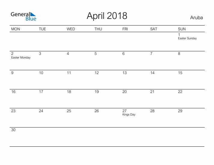 Printable April 2018 Calendar for Aruba