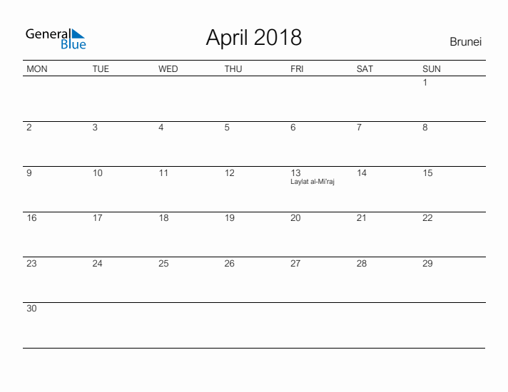 Printable April 2018 Calendar for Brunei