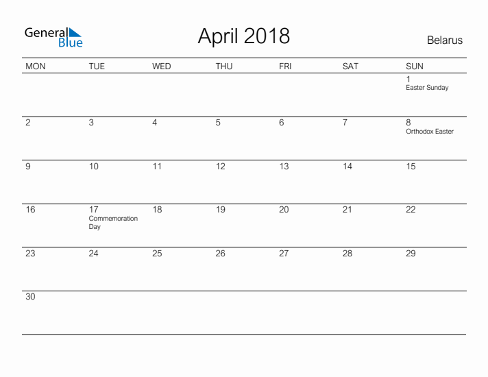 Printable April 2018 Calendar for Belarus