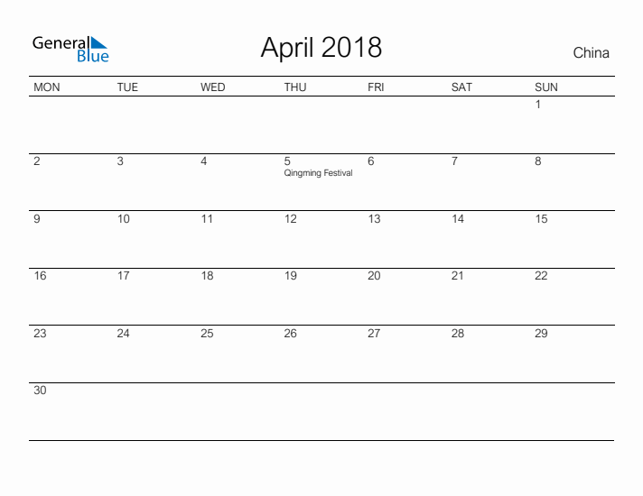 Printable April 2018 Calendar for China