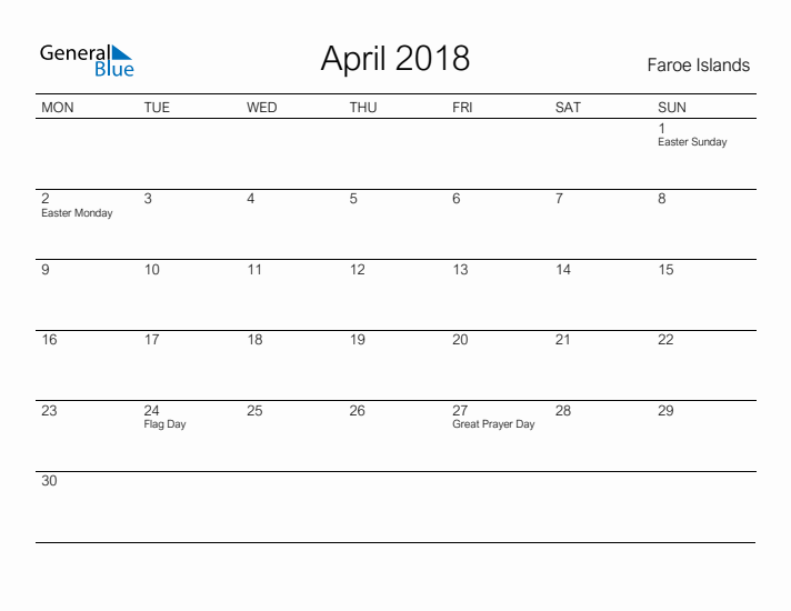 Printable April 2018 Calendar for Faroe Islands