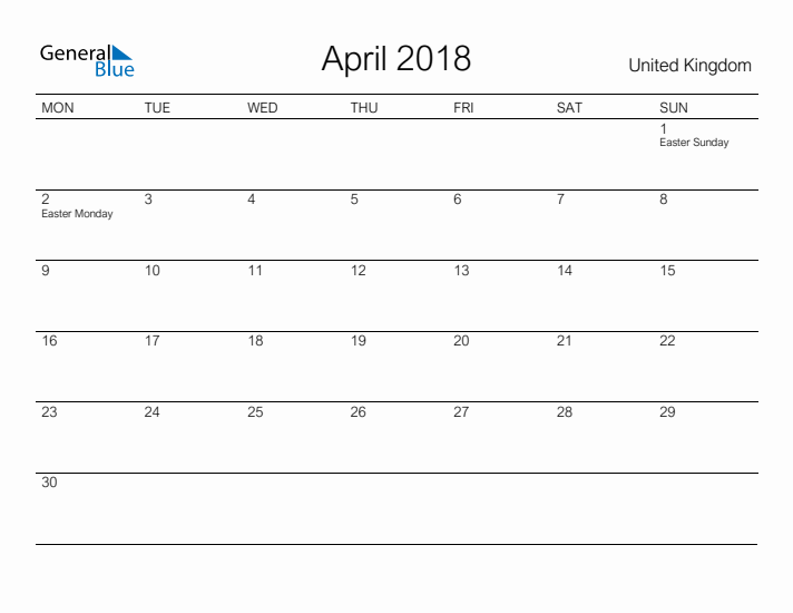 Printable April 2018 Calendar for United Kingdom