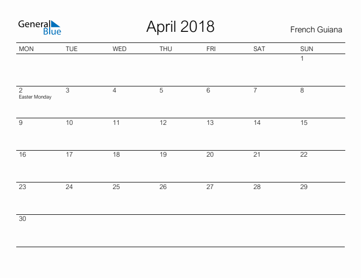 Printable April 2018 Calendar for French Guiana