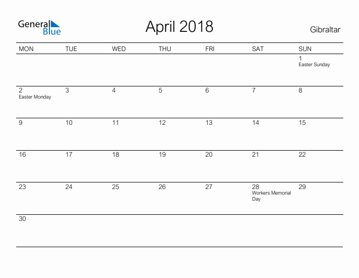 Printable April 2018 Calendar for Gibraltar