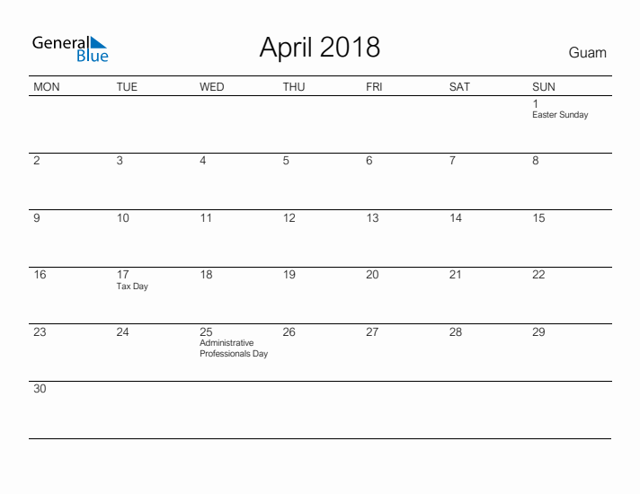 Printable April 2018 Calendar for Guam