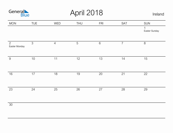 Printable April 2018 Calendar for Ireland