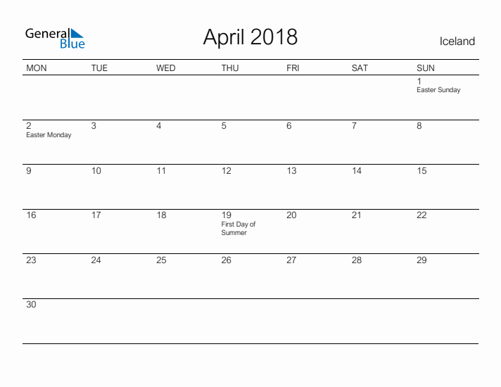 Printable April 2018 Calendar for Iceland