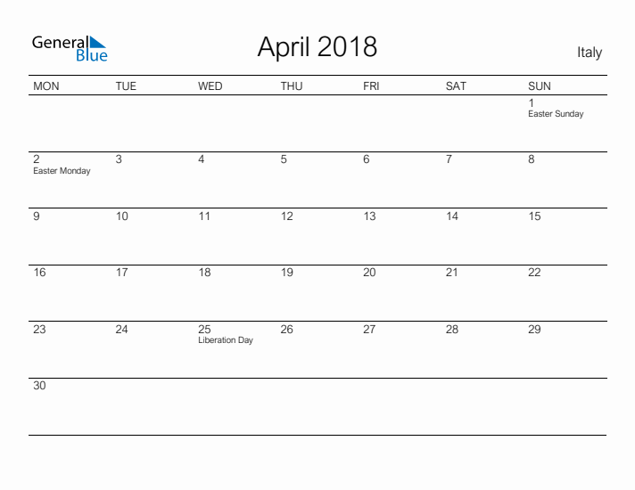 Printable April 2018 Calendar for Italy