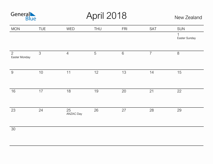 Printable April 2018 Calendar for New Zealand