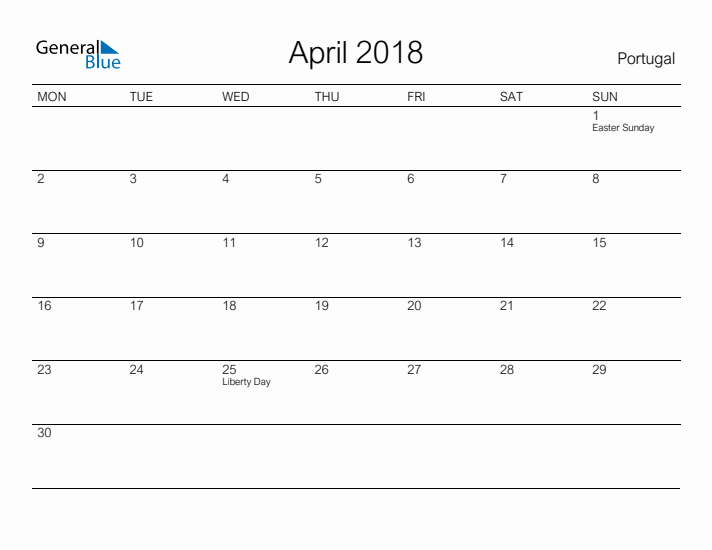 Printable April 2018 Calendar for Portugal