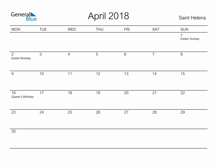 Printable April 2018 Calendar for Saint Helena