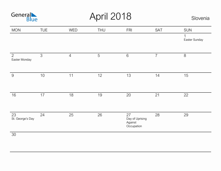 Printable April 2018 Calendar for Slovenia