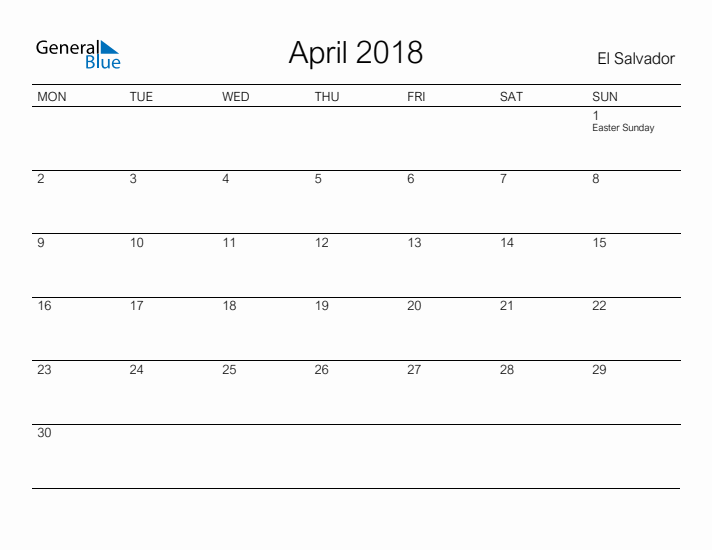 Printable April 2018 Calendar for El Salvador