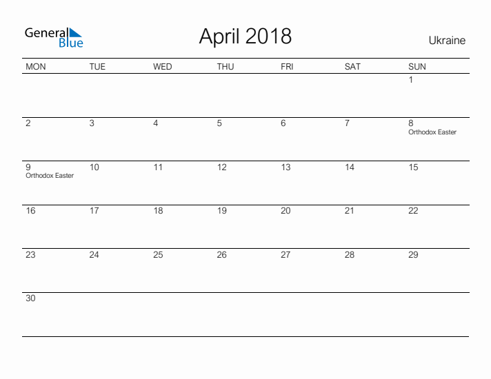 Printable April 2018 Calendar for Ukraine